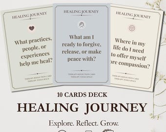 10 tarjetas de terapia para el viaje de sanación (PDF imprimible), indicaciones para el diario de reflexión, hojas de trabajo sobre salud mental, herramientas de asesoramiento.