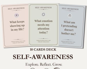 10 tarjetas de terapia de autoconciencia imprimibles en PDF, indicaciones para diario de reflexión, hojas de trabajo sobre salud mental, herramientas de asesoramiento.