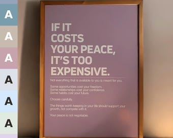 Si te cuesta la paz, es demasiado caro. Lámina decorativa para pared, póster con cita sobre el autocuidado, decoración para el bienestar mental, lámina minimalista, descarga digital.