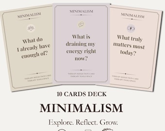 Tarjetas de reflexión sobre el minimalismo, 10 preguntas que invitan a la reflexión para ordenar tu mente y tu vida, tarjetas con preguntas para el autodescubrimiento.