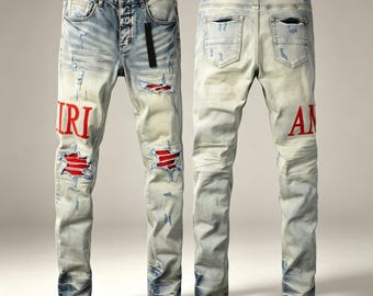 Men's Distressed Red Patch Flare Jeans, Amiri Denim Trousers