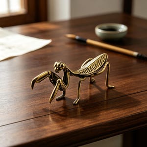 Könnte beinhalten: Eine kleine, goldfarbene Messingfigur in Form einer Gottesanbeterin. Die Insektenskulptur zeichnet sich durch detaillierte, texturierte Flügel, bewegliche Beine und markante Fangbeine aus, die das Tier in einer stehenden Pose darstellen.