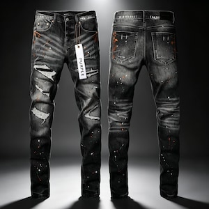 Purple Brand Black Ripped Paint Splatter Slim Jeans, Distressed Patch Denim Trousers