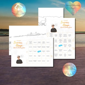 May include: A digital download featuring a "Summer House Reunion Drinking Game" with bonus coloring pages. The game includes four unique cards and two orientations. The design has a cartoon illustration of a person and the text "Instant PDF Download".