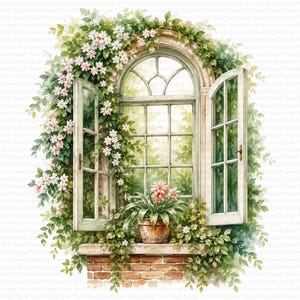 May include: An arched window with open white frames set in a brick wall, surrounded by climbing green vines and small pink flowers. A terracotta pot containing a green plant with pink blossoms sits on the ledge, framed by lush foliage.