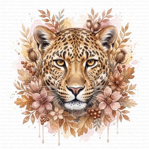 Puede incluir: Una ilustración en acuarela de una cabeza de leopardo centrada entre hojas de otoño, flores y bayas en tonos marrones y beige. El leopardo tiene ojos dorados y un pelaje moteado, rodeado de elementos botánicos en tonos tierra cálidos.