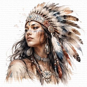 Puede incluir: Una ilustración en acuarela de una persona con un gran tocado de plumas en tonos marrón, blanco y azul. La persona tiene el cabello largo y oscuro, una diadema de cuentas, pendientes colgantes, un collar de cuentas y marcas faciales.