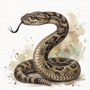 Può includere: Un'illustrazione ad acquerello di un serpente a sonagli avvolto con squame marroni e marrone chiaro, segni scuri a forma di diamante e un sonaglio con la punta nera. Il serpente è raffigurato con la testa sollevata e la lingua nera biforcuta.