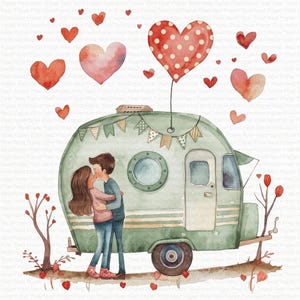 Romantiskt par Clipart | Älskare | Husvagn | Husvagn | Utskrivbar akvarell clipart | Högkvalitativ JPG | Digital nedladdning | Papperspyssel