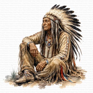 Peut inclure: Une personne âgée aux longs cheveux gris portant une tenue en peau de daim beige avec des franges, un collier de perles et une grande coiffe à plumes. La personne est assise dans une position détendue, portant des mocassins à motifs.