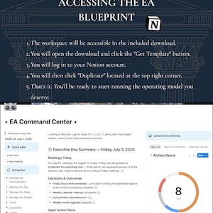 "How it works — accessing the EA Blueprint" slide with the Notion logo and five numbered steps for downloading the file, logging into Notion, and duplicating the template. Screenshots of the EA Command Center and a Calendar Strategy Session page.