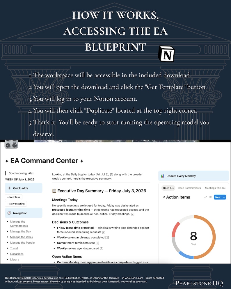 "How it works — accessing the EA Blueprint" slide with the Notion logo and five numbered steps for downloading the file, logging into Notion, and duplicating the template. Screenshots of the EA Command Center and a Calendar Strategy Session page.