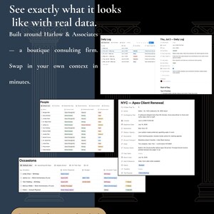 "Sample data included" slide headed "See exactly what it looks like with real data," built around a fictional consulting firm, Harlow & Associates. Screenshots of populated tables, with a badge reading "Sample data pre-loaded — swap in your own in minutes."