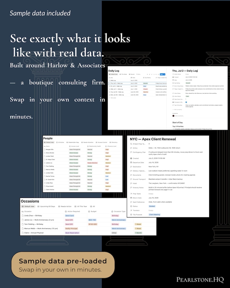 "Sample data included" slide headed "See exactly what it looks like with real data," built around a fictional consulting firm, Harlow & Associates. Screenshots of populated tables, with a badge reading "Sample data pre-loaded — swap in your own in minutes."