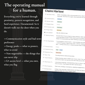 Feature deep-dive slide, "Know your principal," headed "The operating manual for a human." Copy on capturing communication style, energy peaks, non-negotiables, and EA access level, next to a screenshot of a sample principal profile for Claire Harlow.