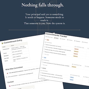 Feature deep-dive slide, "Manage the commitments," headed "Nothing falls through." Copy: "Your principal said yes to something. It needs to happen. Someone needs to track it. That someone is you. Now the system is." Shows the Commitment Entry and Commitments Tracker screens.