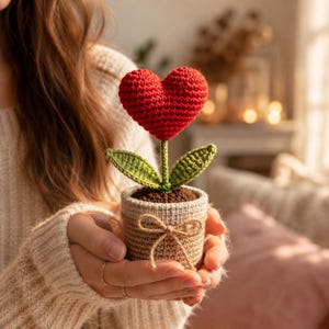 Könnte beinhalten: Eine gehäkelte rote herzförmige Blume an einem grünen Stiel mit zwei grünen Blättern, gepflanzt in einem kleinen beigen Topf. Der Topf hat eine strukturierte Oberfläche und ist mit einer dünnen, hellbraunen Bindfaden-Schleife verziert.