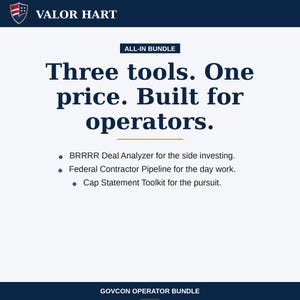 May include: A promotional graphic for Valor Hart's "All-In Bundle." The text reads "Three tools. One price. Built for operators." The bundle includes a BRRRR Deal Analyzer, Federal Contractor Pipeline, and Cap Statement Toolkit. The Valor Hart logo is at the top.