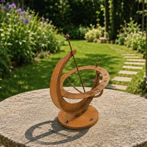 May include: A rust-coloured metal armillary sundial featuring a circular band with engraved Roman numerals and a central gnomon. The structure is supported by a circular base marked with the letter N, indicating north, and rests on a stone surface.