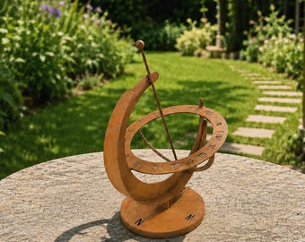 Personalized Rust Sundial for Garden, Metal Sundial with Custom Logo, Patio Table Accent, Housewarming Gift, Vintage Garden Sculpture