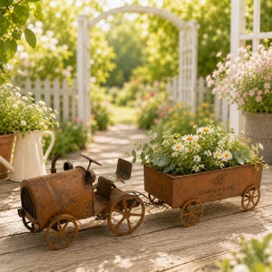 May include: A rustic, rusted metal tractor planter with a detachable trailer. The trailer is filled with white daisies and green foliage and features the text GARDEN LIFE EST 2024. The tractor has a steering wheel, seat, and four spoked wheels.