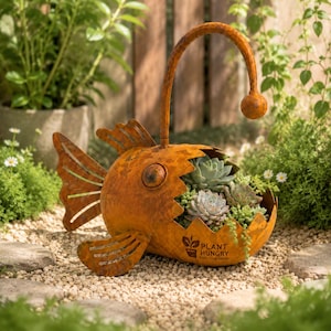 Custom Rustic Angler Fish Planter with Succulents, Metal Lantern Fish Pot, Coastal Garden Decor, Unique Outdoor Plant Holder, Gardening Gift