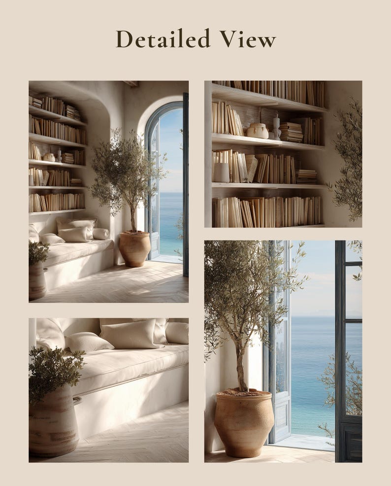 Mediterranean Wall Art – Coastal View Reading Room, Bookcase Library ...