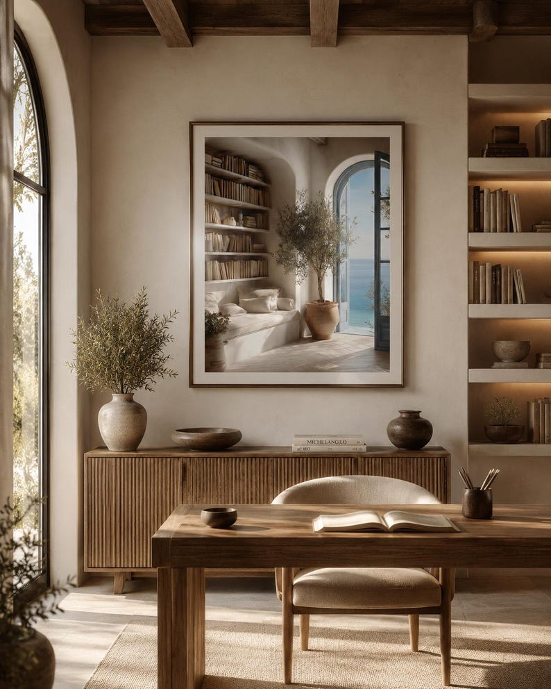 Mediterranean Wall Art – Coastal View Reading Room, Bookcase Library ...