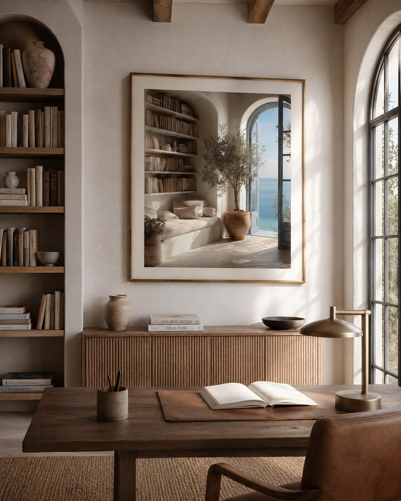 Mediterranean Wall Art – Coastal View Reading Room, Bookcase Library ...