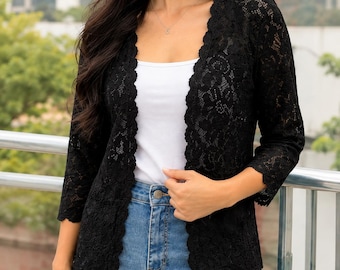 Women’s Black Lace Cardigan, 3/4 Sleeve Open Front Crochet Shrug, Lightweight Summer Cover Up