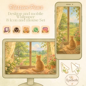 May include: A digital art set featuring a desktop and mobile wallpaper with matching icons and mouse cursors. The wallpaper depicts a ginger cat gazing out a window at a scenic landscape. The set includes social media icons and a logo.