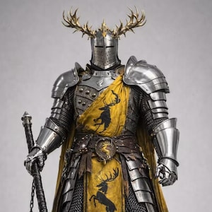 May include: A full suit of polished steel plate armour featuring a helmet with golden antlers, a yellow tabard with black stag silhouettes, and a chainmail base. The armour includes a large war hammer with a golden stag emblem on the head.