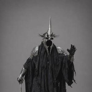 Könnte beinhalten: Eine Ganzkörperrüstung mit einem hohen, stacheligen silbernen Helm und einer dunklen, hohlen Gesichtsmaske. Das Ensemble umfasst metallische Schulterplatten, Handschuhe und Beinschienen, getragen über einem zerfetzten, bodenlangen schwarzen Umhang.