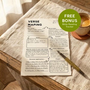 May include: A cream-colored paper sheet titled Verse Maping with handwritten notes, sections for key words, word study, context, verse, cross references, personal application, and prayer, accompanied by a wooden fountain pen on a linen surface.