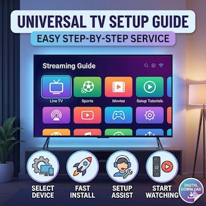Könnte beinhalten: Ein großer Flachbildfernseher zeigt eine Streaming-Anleitung mit Symbolen für Live-TV, Sport, Filme und Einrichtungstutorials. Der Text "UNIVERSAL TV SETUP GUIDE" und "EASY STEP-BY-STEP SERVICE" stehen oben. Darunter befinden sich Symbole für Gerät auswählen, Schnell installieren, Setup-Assistent und Starten.