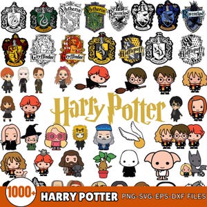 Peut inclure: Une collection d'illustrations numériques représentant des personnages de Harry Potter, les blasons des maisons Serpentard, Serdaigle, Gryffondor et Poufsouffle, et des créatures magiques. Le texte Harry Potter est centré, avec 1000+ PNG-SVG-EPS-DXF FILES en bas.