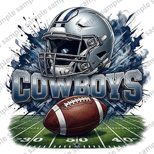 May include: A silver football helmet with a blue stripe sits above the word COWBOYS in bold blue letters. A brown football with white laces rests on a green field marked with yard lines, all set against a dark blue ink splatter background.