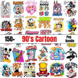 May include: A digital collection of over 150 colourful cartoon character illustrations featuring various iconic figures from 90s animation, including Bugs Bunny, Popeye, Scooby-Doo, Tom and Jerry, Mickey Mouse, and others, presented as a graphic bundle.