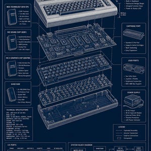 May include: Detailed blueprint-style illustration of the Commodore 64 computer, showcasing its architecture. The image highlights the iconic breadbin case, internal components, and technical specifications. Dimensions are 340 x 175 x 58 mm.