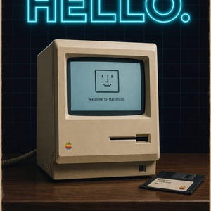May include: A vintage Macintosh 128K computer from 1984, with a beige case and a small screen displaying a smiling face and the text "Welcome to Macintosh." The word "HELLO" is in neon blue above the computer.