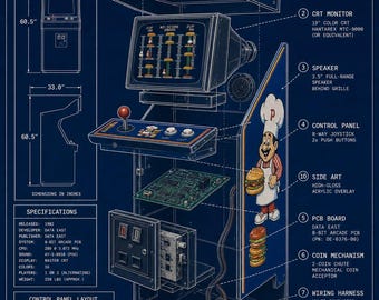 Anatomia automatu do gier BurgerTime | Plakat techniczny | Grafika ścienna do gier retro