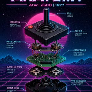 May include: An exploded diagram of an Atari 2600 joystick, showcasing its internal components. The image features the text "JOYSTICK ANATOMY" and "Atari 2600 | 1977". Key parts include the fire button, potentiometers, circuit board, and pivot mechanism.