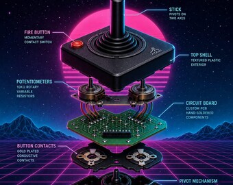 Atari 2600 Controller Exploded View | Synthwave Vaporwave Gaming Poster