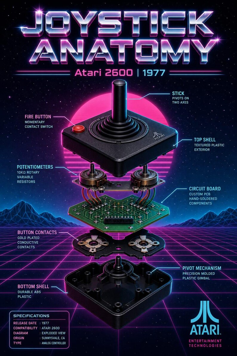 Może przedstawiać: Eksplodowany schemat joysticka Atari 2600, pokazujący jego wewnętrzne elementy. Obraz zawiera tekst "JOYSTICK ANATOMY" i "Atari 2600 | 1977". Kluczowe części to przycisk ognia, potencjometry, płytka drukowana i mechanizm obrotu.