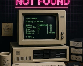 Nie znaleziono równowagi między życiem zawodowym a prywatnym | Plakat z humorem biurowym na komputer IBM PC w stylu vintage | Technologia korporacyjna lat 80.