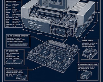 Nintendo NES Console Architecture | Technical Cutaway Blueprint | Retro Gaming Poster
