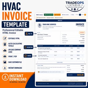 May include: An HVAC invoice template featuring a professional layout with sections for bill to, description, and status. The document includes fields for service details, pricing, and totals, with text indicating editable HTML, auto-calculating totals, and instant download.