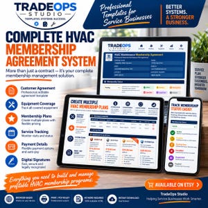May include: A digital HVAC membership agreement system displayed on a laptop, tablet, and smartphone. The interface features customer agreement templates, equipment coverage tracking, service monitoring, payment details, and digital signature options.