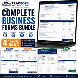 May include: A digital bundle of four business templates for HVAC services, including an invoice, estimate, work order, and receipt. The display shows a laptop screen with an invoice template and four smaller document previews below it.