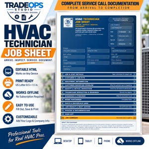 May include: An editable HVAC technician job sheet template featuring a blue and white layout with sections for job details, customer information, equipment data, diagnostic findings, work performed, parts used, and sign-off, sized at 21.59 x 27.94 cm.
